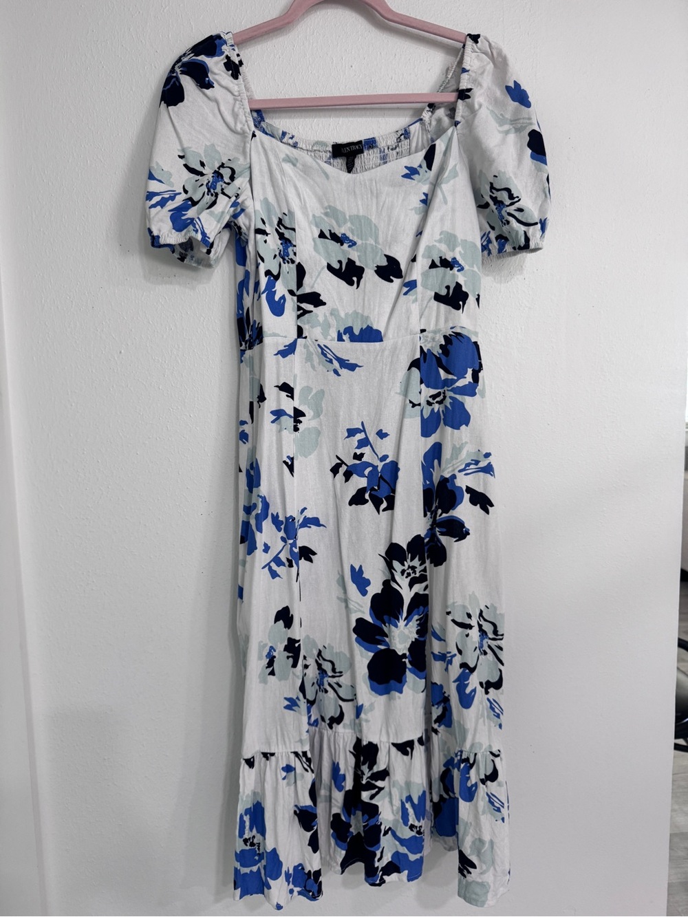 Ellen Tracy Floral Puff Sleeve Smocked Back Midi Dress Blue White Size Small S.